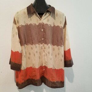 Quizz Womans Bazaar Button Front 3/4 Sleeves Top Size 24 Colorblock Cotton Brown